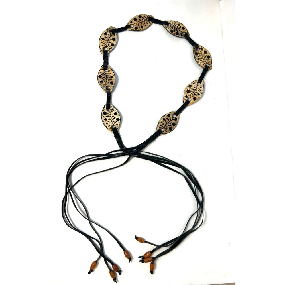 Wood Engraved Boho Belt With Beaded Tassel Ends Black Leather Straps 75" Long